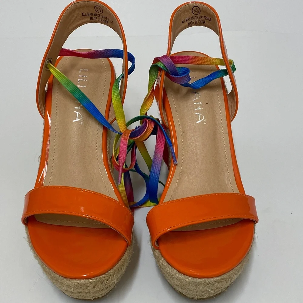 Liliana Orange Dopamine Wedge Espadrille with Multicolor Straps Size 5.5